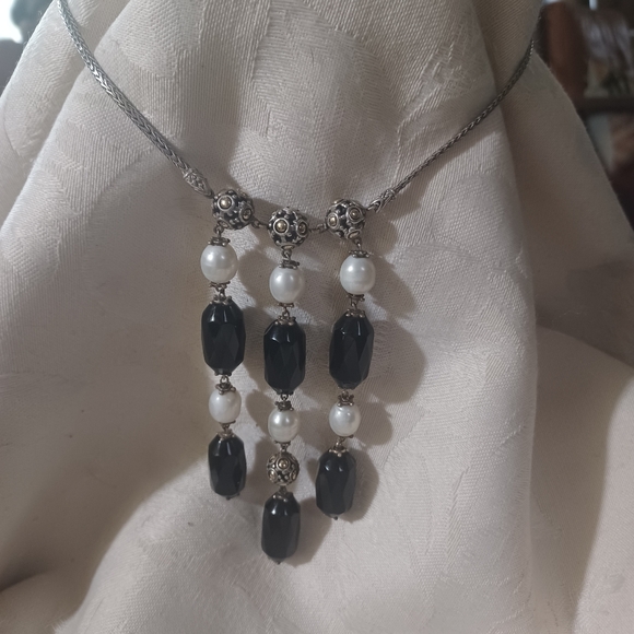 John Hardy Jaisalmer Onyx and Pearl 3 Strand Drop Necklace, SS & 18k - Picture 2 of 14